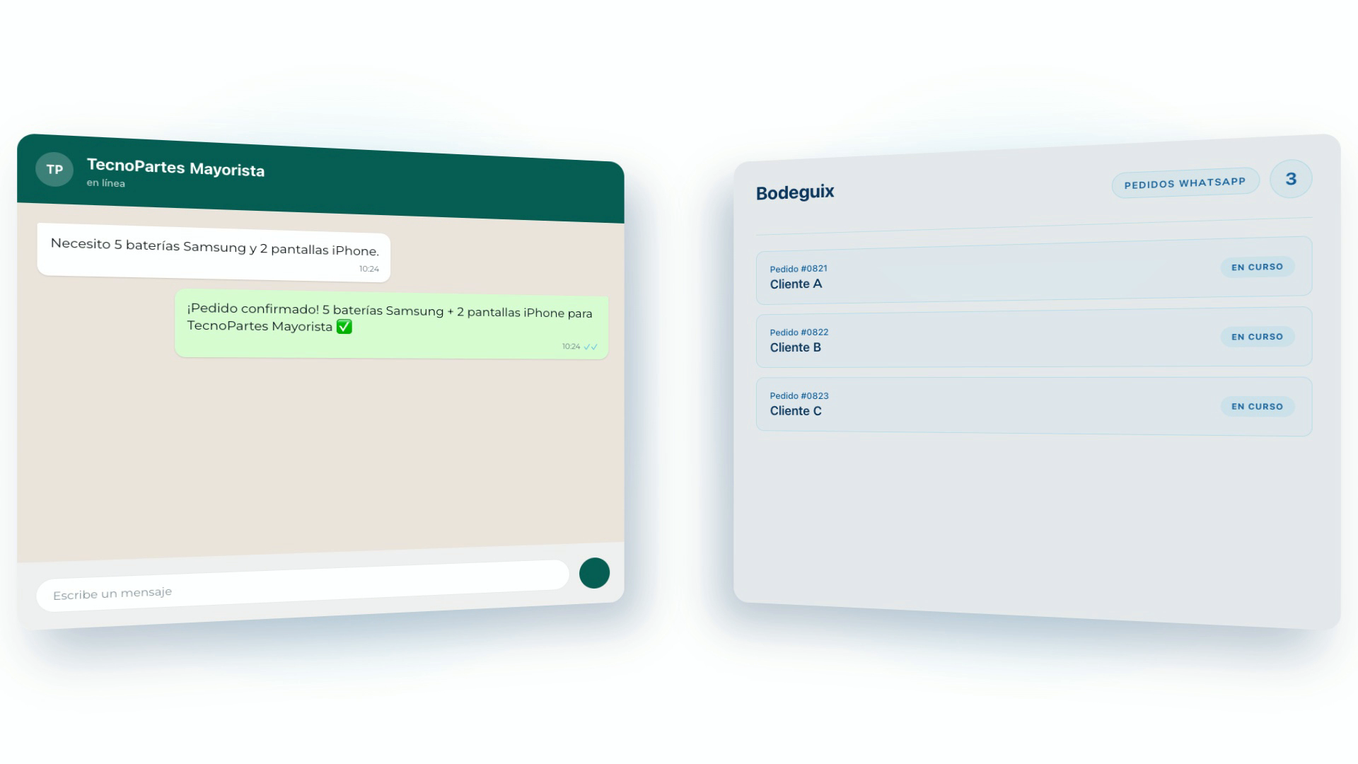 Chat de WhatsApp con un pedido confirmado a la izquierda, y el panel de Bodeguix mostrando el pedido en curso a la derecha